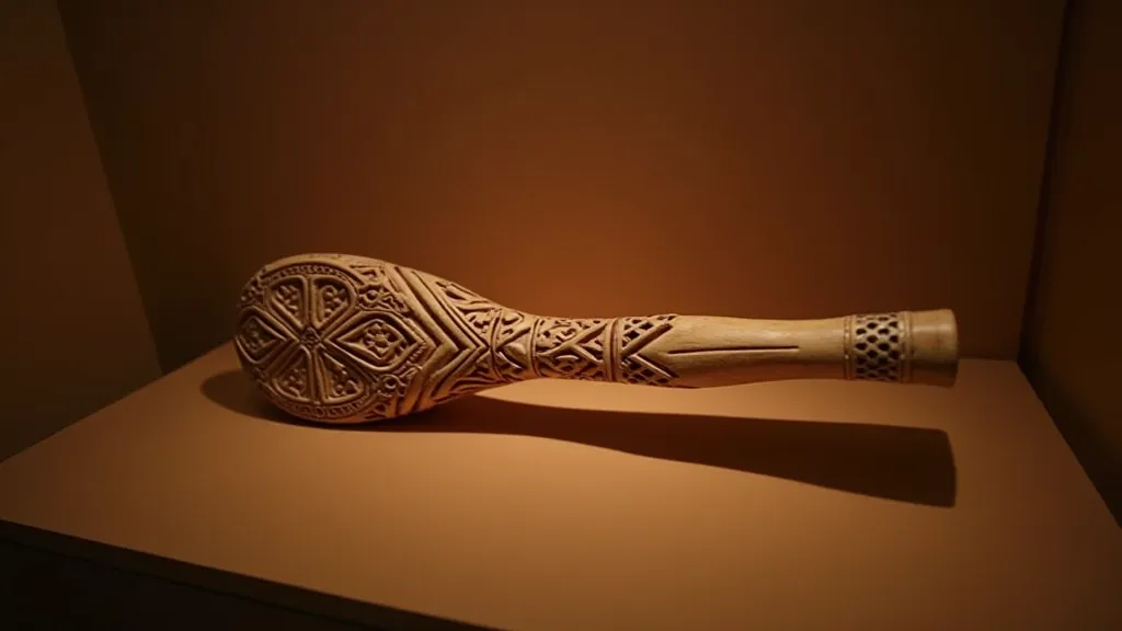 Traditional Latvian wooden distaff with intricate koka grebšana ornamental patterns in museum display