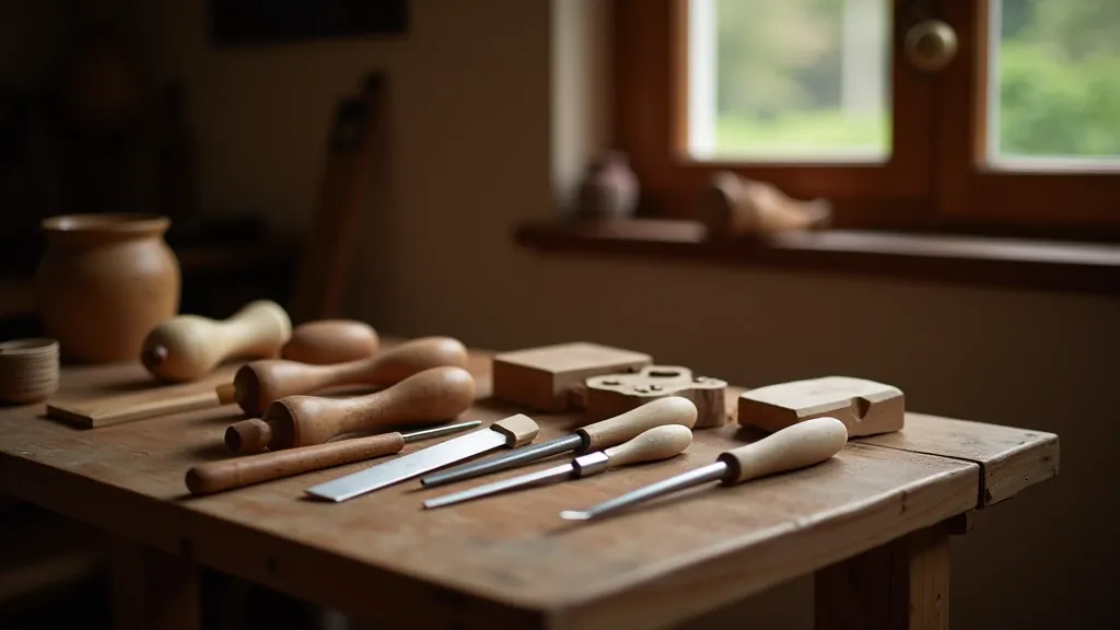 Array of traditional carving tools including chisels gouges and knives arranged on wooden workbench with natural light from window