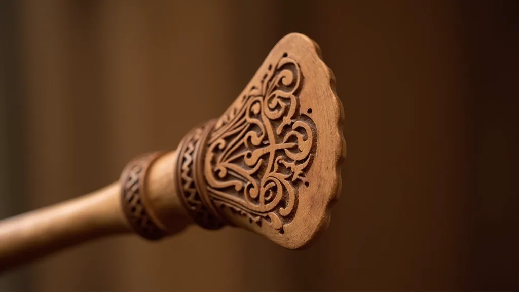 Carved traditional Latvian distaff with folk motifs