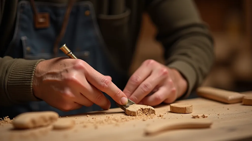 Hand carving traditional geometric patterns into wooden distaff using specialized woodcarving tools with focused concentration