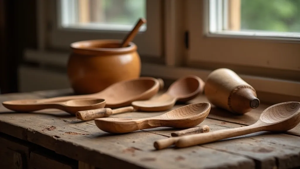 Collection of hand-carved Latvian wooden kitchen utensils and decorative spoons arranged on rustic surface