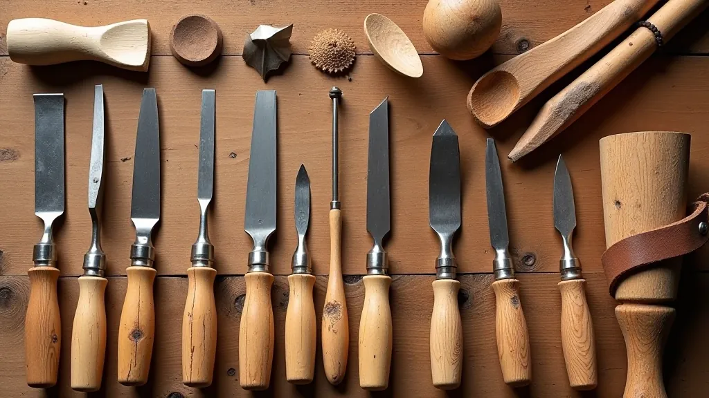 Collection of wood carving tools laid out on wooden workbench, including gouges, chisels, and sharpening equipment in organized arrangement