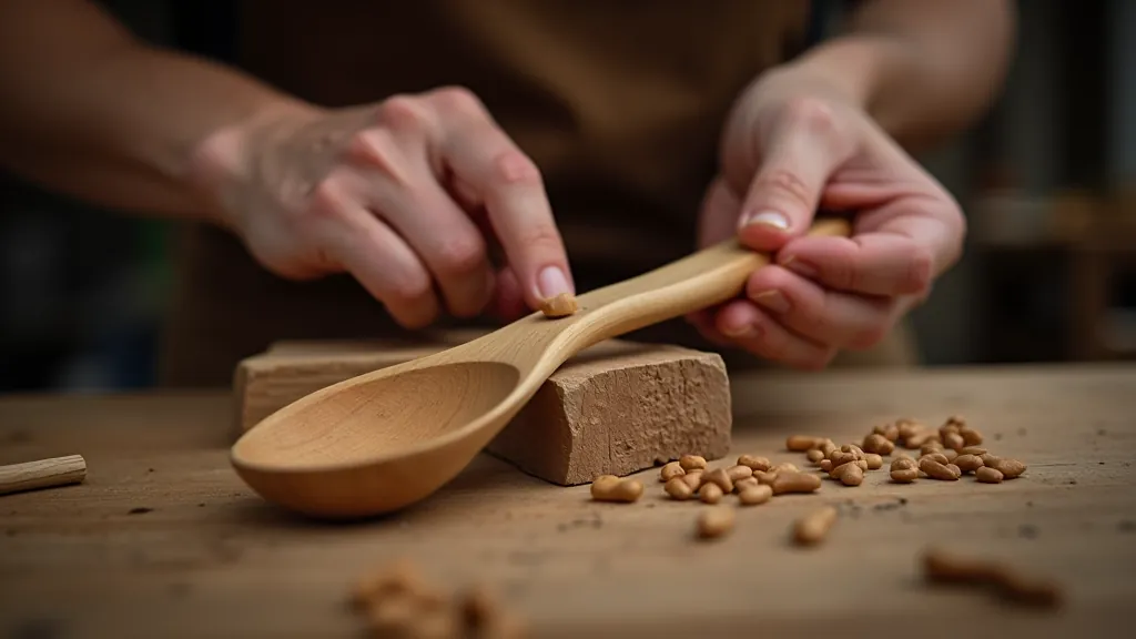 Hands holding a partially carved wooden spoon blank, showing the initial roughing stage with wood shavings visible