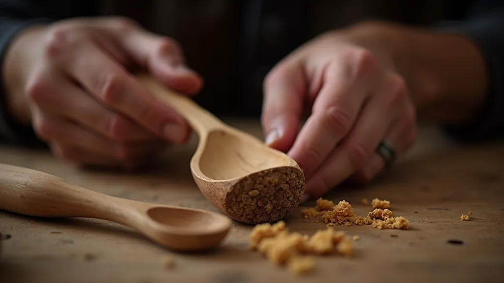 Woodcarver shaping a spoon with traditional hand tools