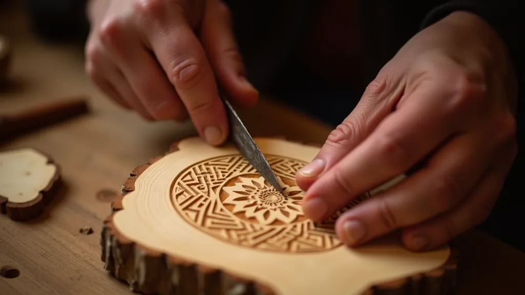 Traditional Latvian wood carving with geometric patterns