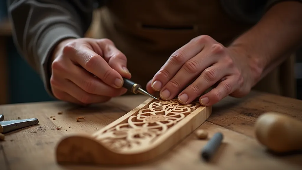 Close-up detail of traditional koka grebšana carving technique being demonstrated