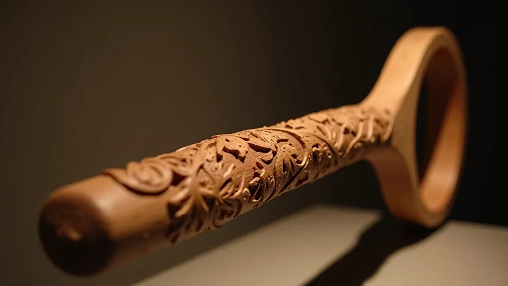 Antique Latvian wooden distaff and spindle with traditional carved motifs displayed in museum-quality lighting