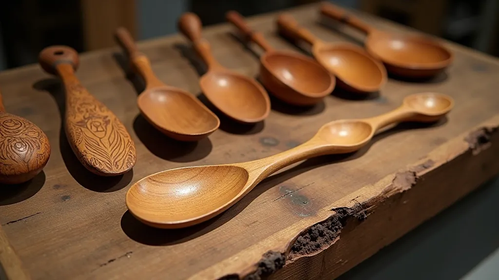 Museum display of traditional Latvian carved wooden items showing various symbolic patterns including diamonds, stars, and crosses on spoons and household objects