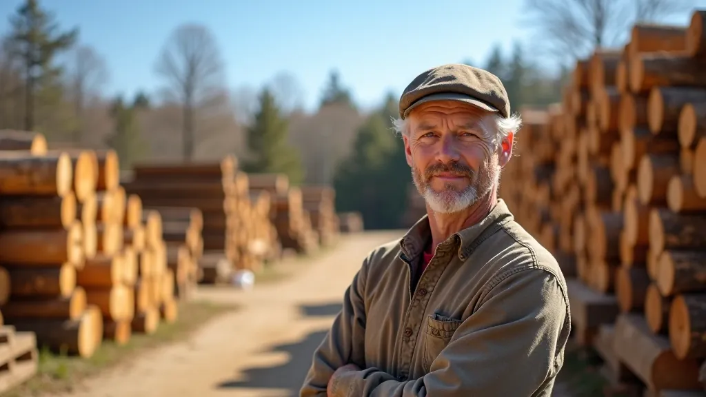 Seasonal timber yard showing spring conditions with fresh wood delivery and organized storage