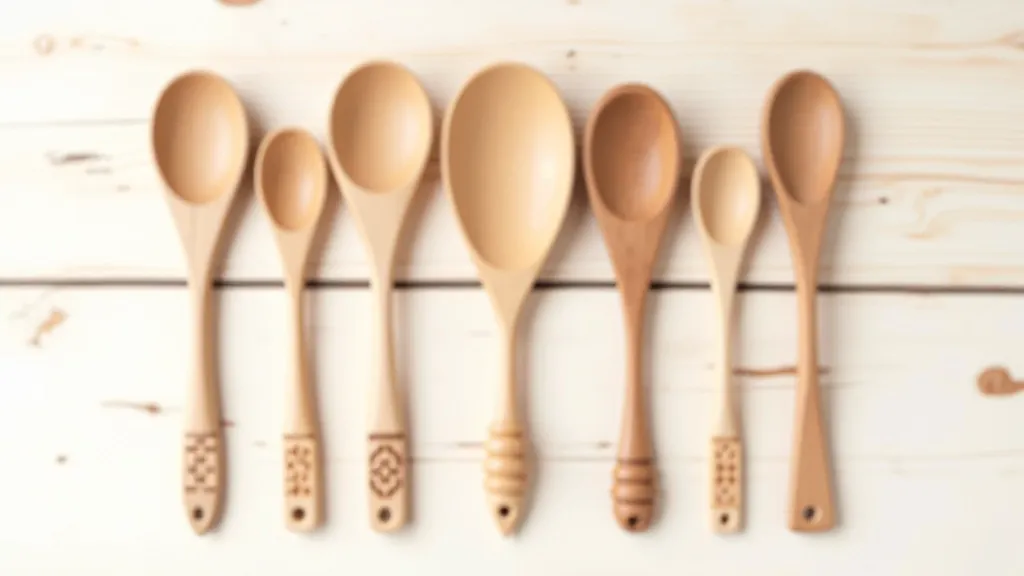 Overhead view of multiple hand-carved wooden spoons of varying sizes arranged to show proportional differences between eating and serving utensils