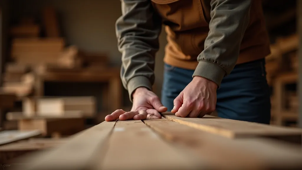 Person examining wood samples at supplier, checking grain and color under natural light