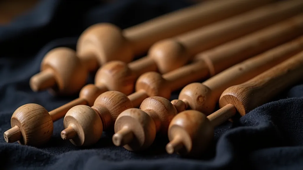 Multiple traditional wooden spindles arranged showing variations in whorl placement and decorative details with natural studio lighting