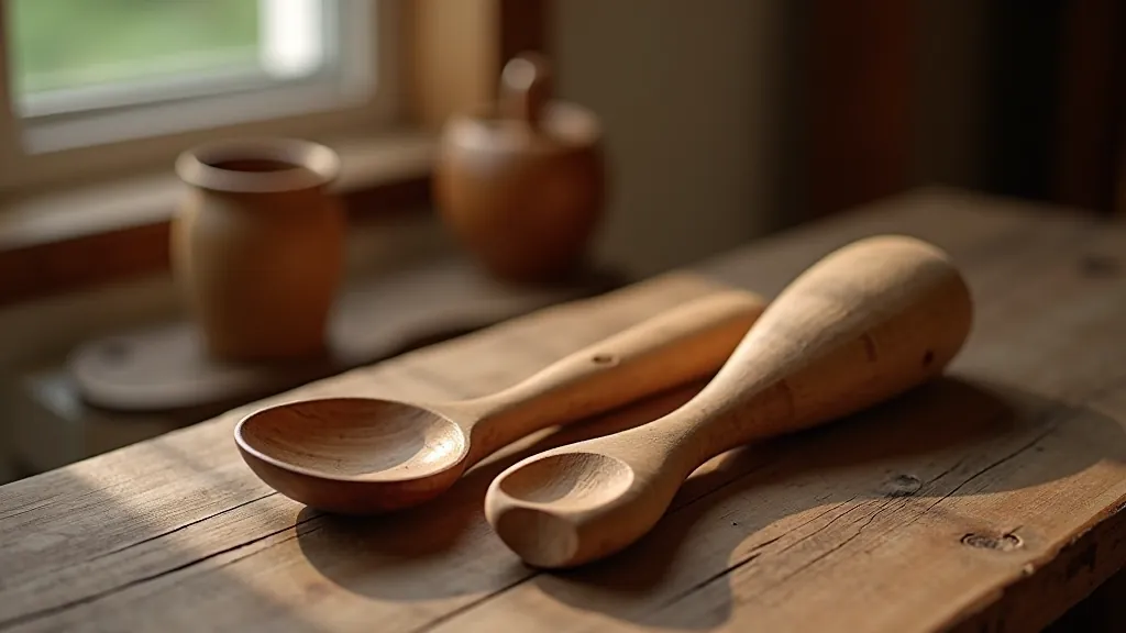Finished hand-carved wooden spoon and fork set displayed on rustic wooden surface with natural lighting