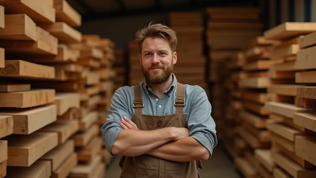 Timber supplier workspace with stacked wood sorted by type and moisture level