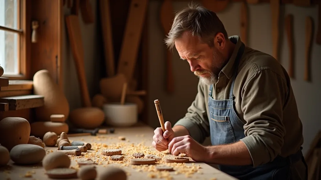 Master woodcarver working with traditional Latvian carving tools and wood materials