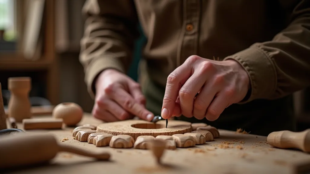 Craftsperson at wooden workbench demonstrating proper hand positioning and tool angle while carving a spoon, focused on technique