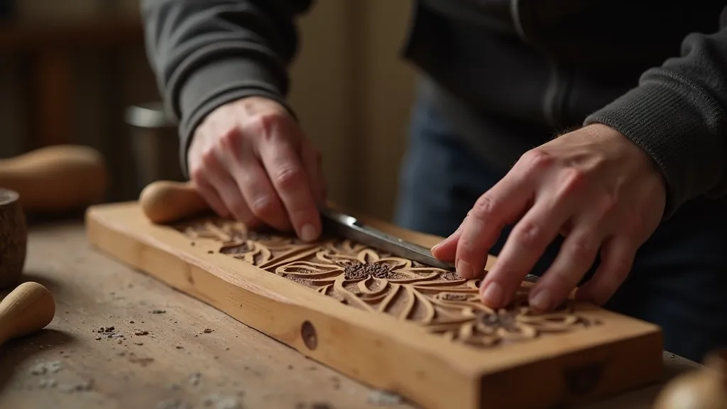Master wood carver working with chisel on intricate Latvian ornamental pattern, close-up of hands and detailed carved wood
