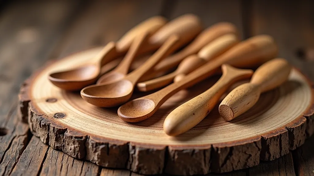 Collection of traditional Latvian carved wooden spoons and utensils representing different carving styles