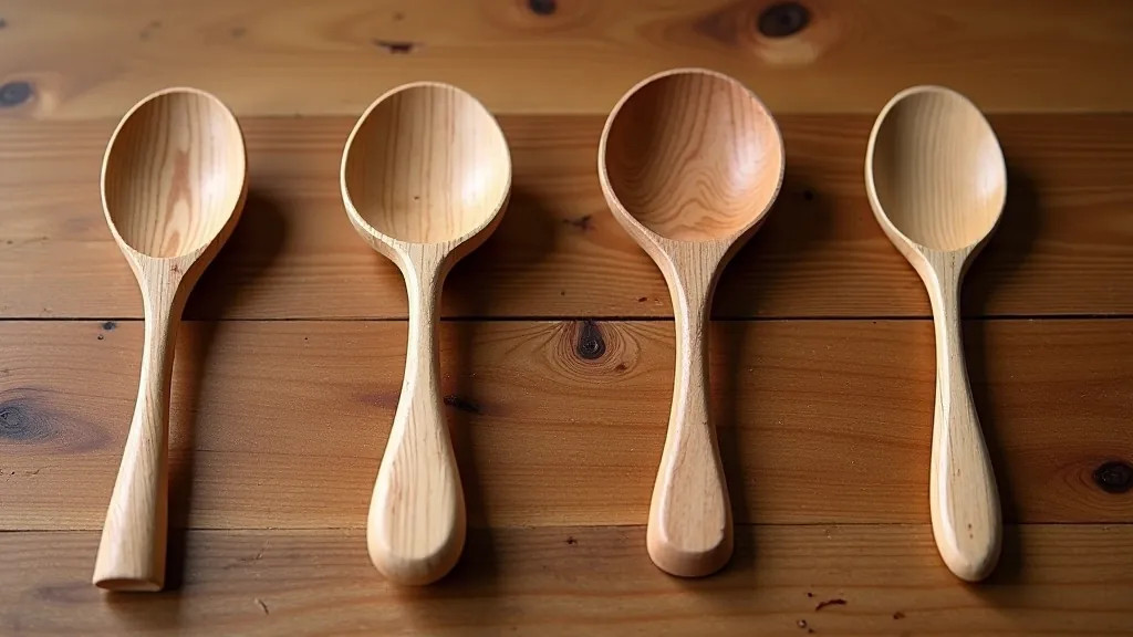 Progressive stages of wooden spoon carving from blank to finished piece, showing the evolution from roughed-out shape to refined final product